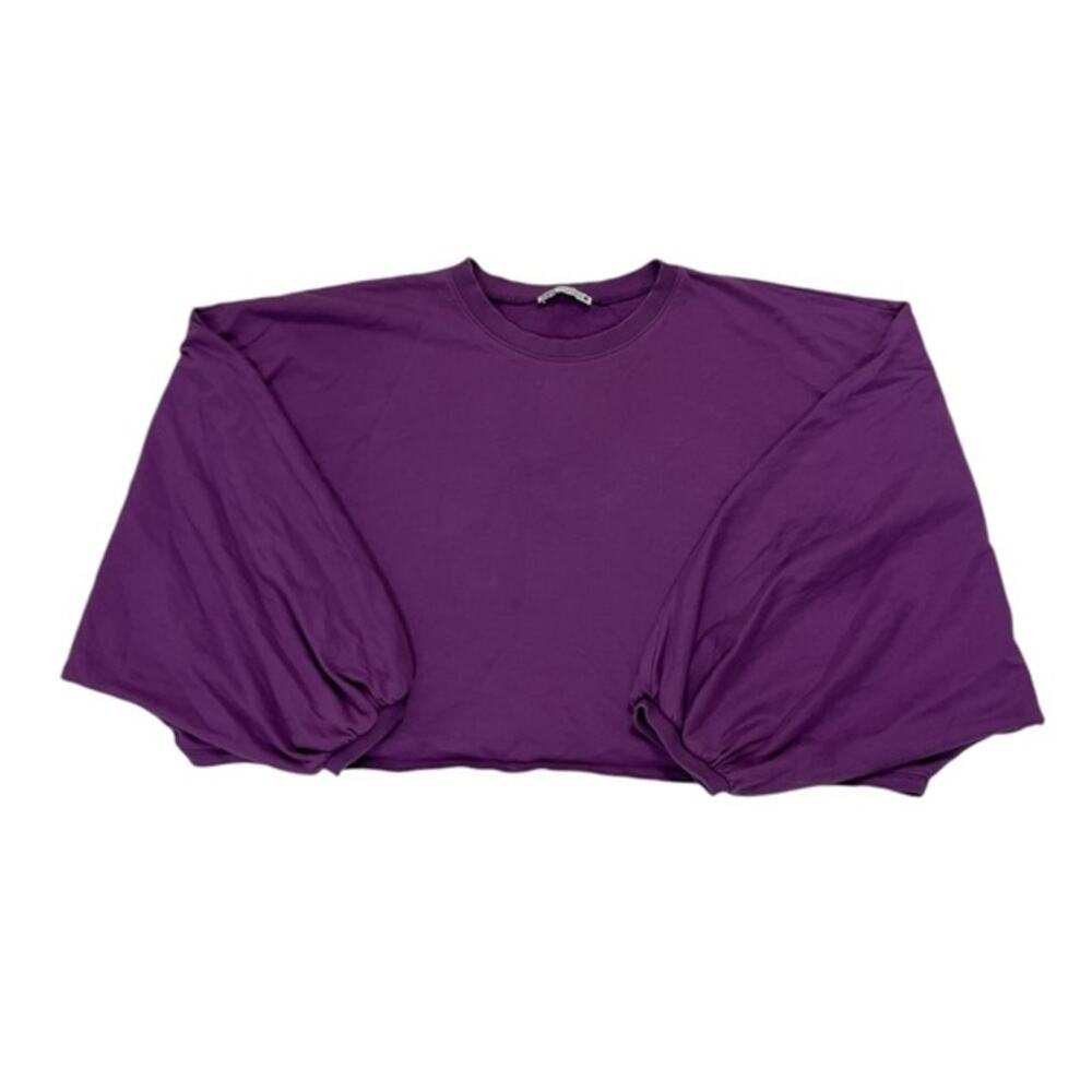 Zara Balloon Sleeve Solid Purple Crewneck Pullover Cropped Sweater Top Size L